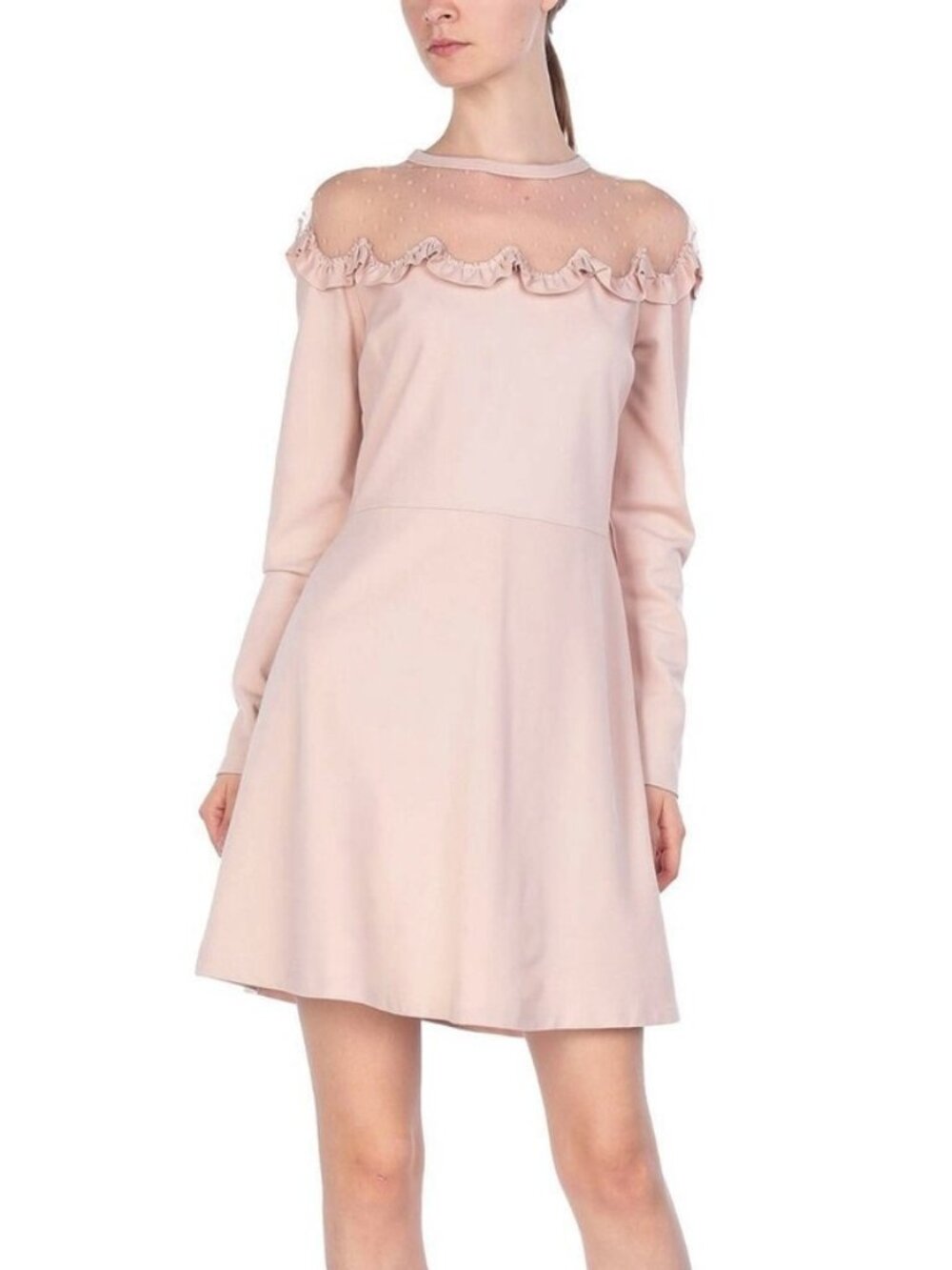 RED VALENTINO Ruffled Fit and Flare Mini Dress - L - Mesh, Blush Pink Nude